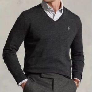Polo Ralph Lauren Vintage‎ Grey Lambswool V Neck Sweater Size XL